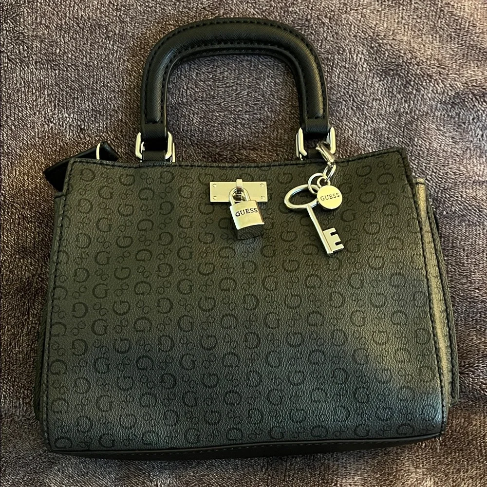 Guess Black Gray Monogram Key Charm Satchel